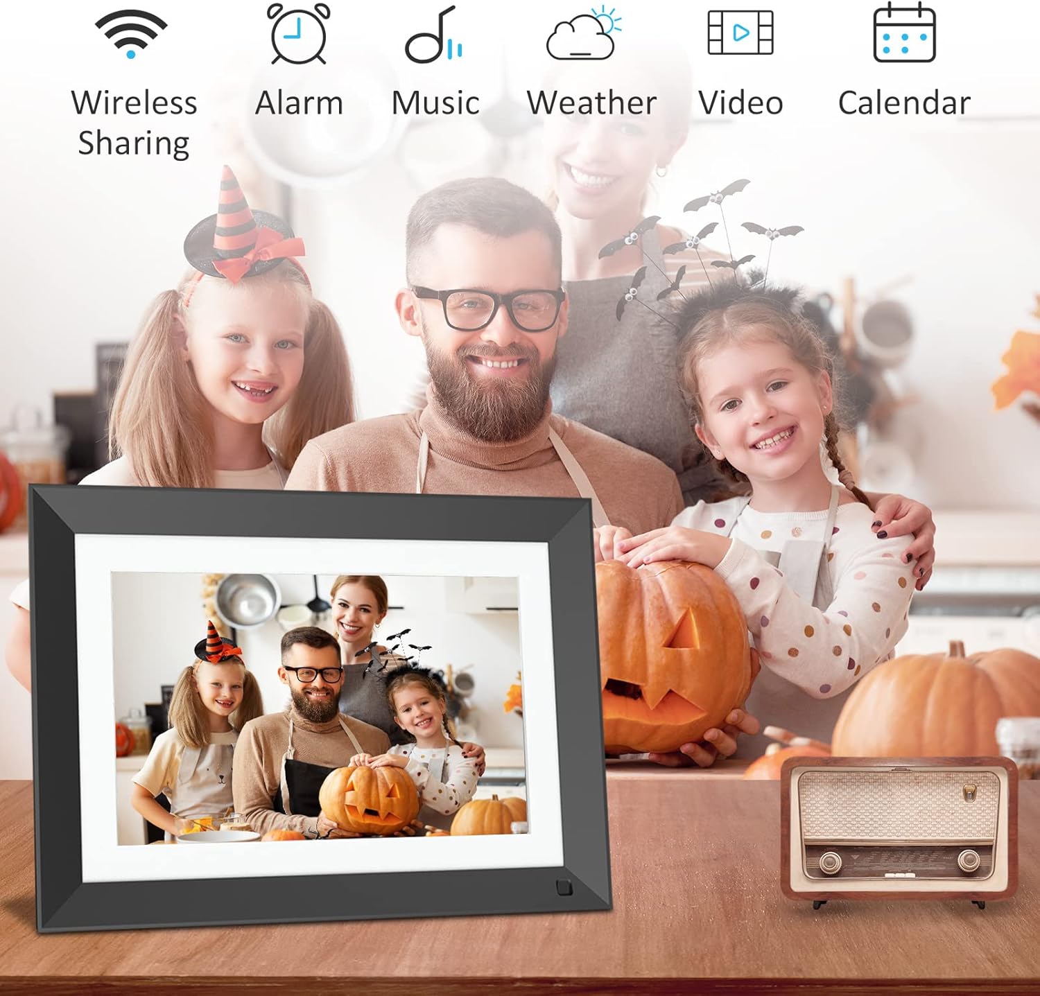 A hand touching the screen of the digital photo frame, with icons for Google Play and App Store above, indicating instant sharing via VPhoto app or email.