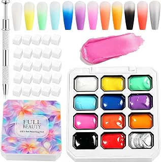 Full Beauty 12 Colors Patting Gel Nail Polish with 50Pcs Nail Sponges and 1Pcs Grabbing Pen Kit Colorful Gradient Painting Gel DIY Nail Art Soak Off UV Pastel Nail Polish Set