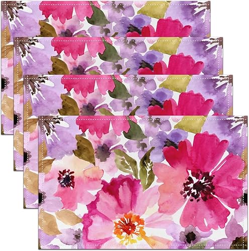 Juego de 4 manteles individuales de acuarela con estampado de amapola rosa y morado con flores silvestres para niños, adolescentes y adultos, de