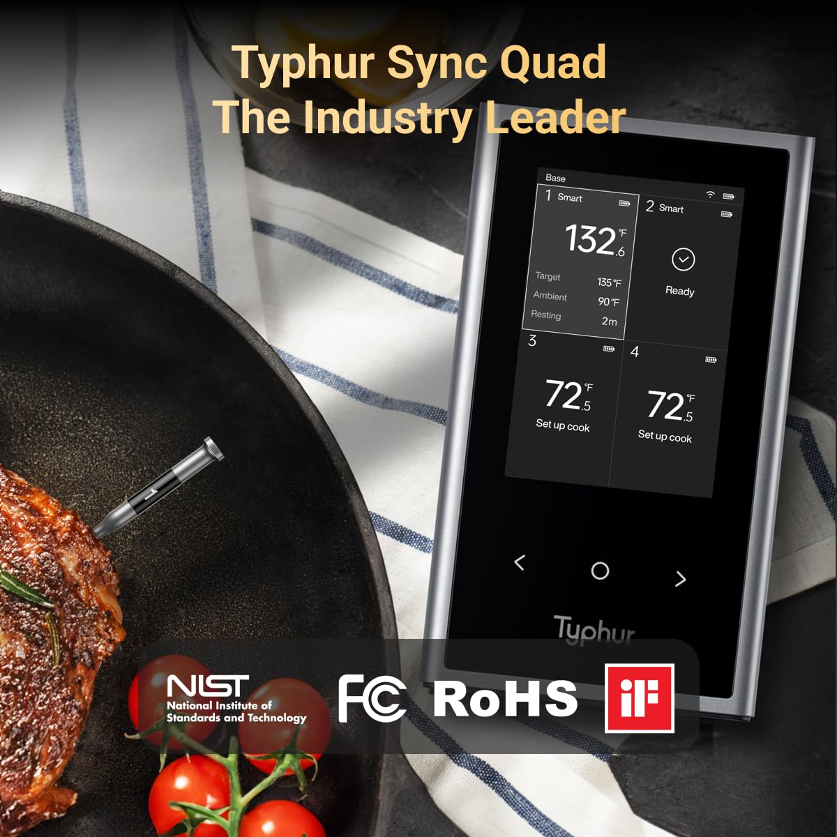Typhur Sync Kabelloses Quad Gen 2 Fleischthermometer | 4 Sonden | 6 Sensoren | WLAN und Bluetooth 5.3 | Wasserdicht (IPX8) | Für Grill, Smoker, Backofen und Küche
