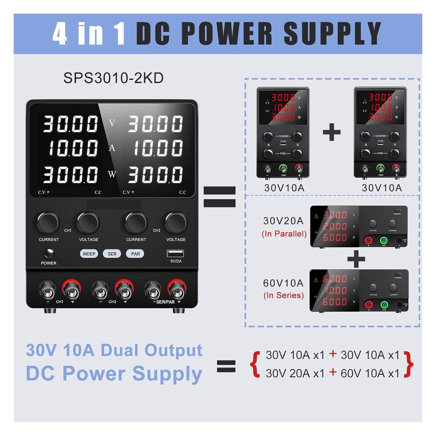 Alimentatore CC a doppio canale 4 in 1 Fonte di alimentazione da banco regolabile 30 V 10 A for la riparazione di telefoni cellulari e l'uso in laboratorio(30V 10A)