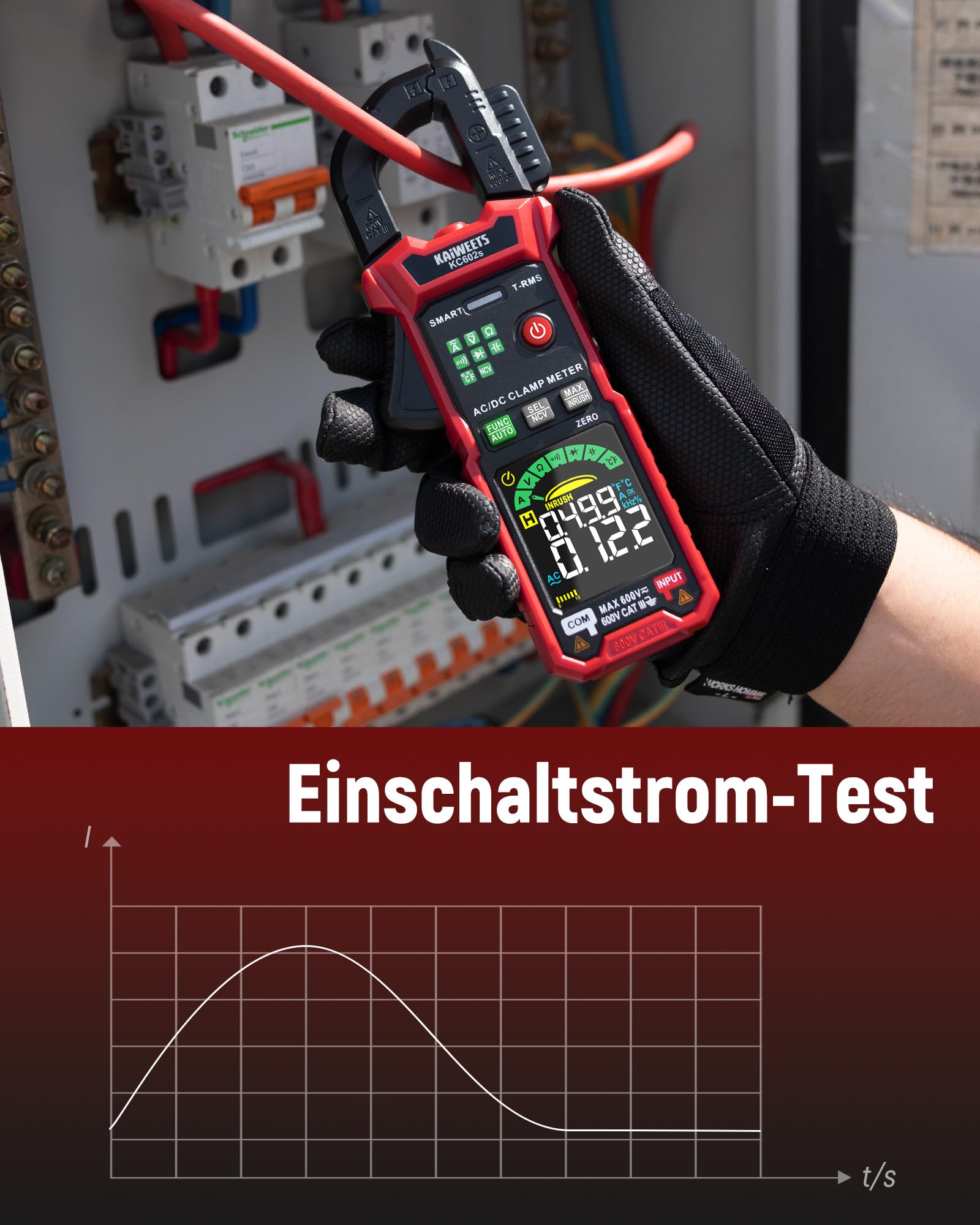 KAIWEETS Stromzange 600A TRMS, Digitale Strommesszange mit Auto-Messung, 6000 Counts, AC/DC Strom & Spannung, NCV, Einschaltstrom, Widerstand, Kapazität, Temperatur, Dioden- & Durchgangsprüfung