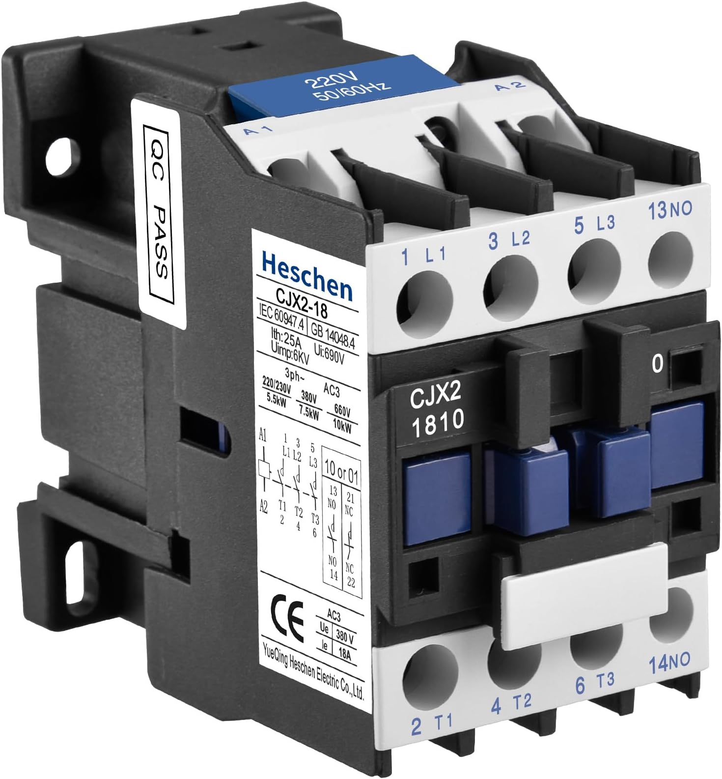 Heschen AC Magnet Switch, CJX2-1810, 220V 50/60Hz Coil, 3P, 3-Pole, Normally Open, Ie 18A, Ue 380V