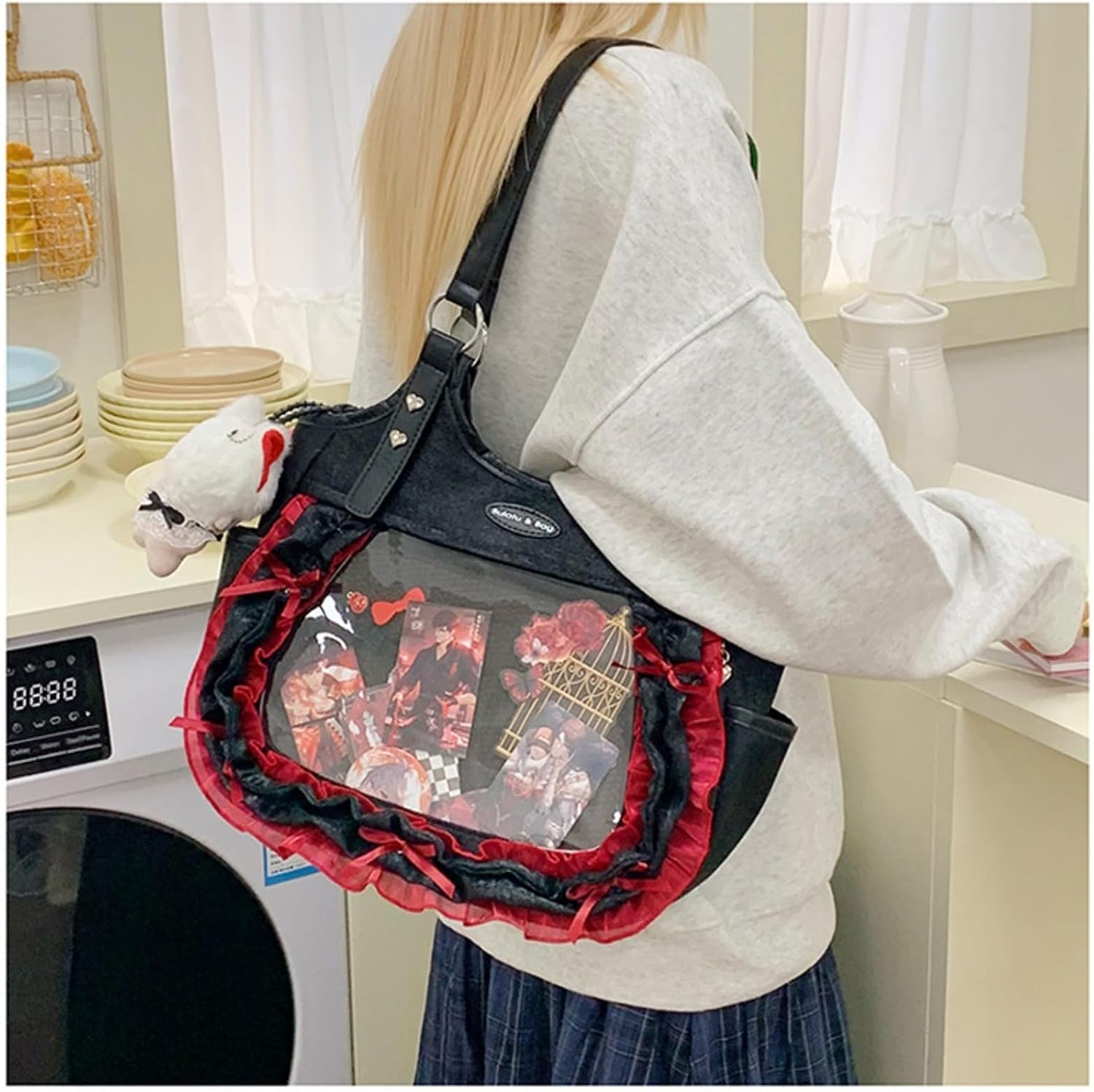 Y2k JK Ita Bag Cute Bow Tie lace Handbag Transparent Window Anime Display Bag with Lace Bow