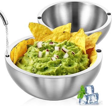 Dip Bowl,Large Heat Insulated Stainless Steel Bowls Ideal for Guacamole Salsa,Double Walled Insulated Cold or Hot Serving Bowl for Parties outdoor2,70 oz+35 oz
