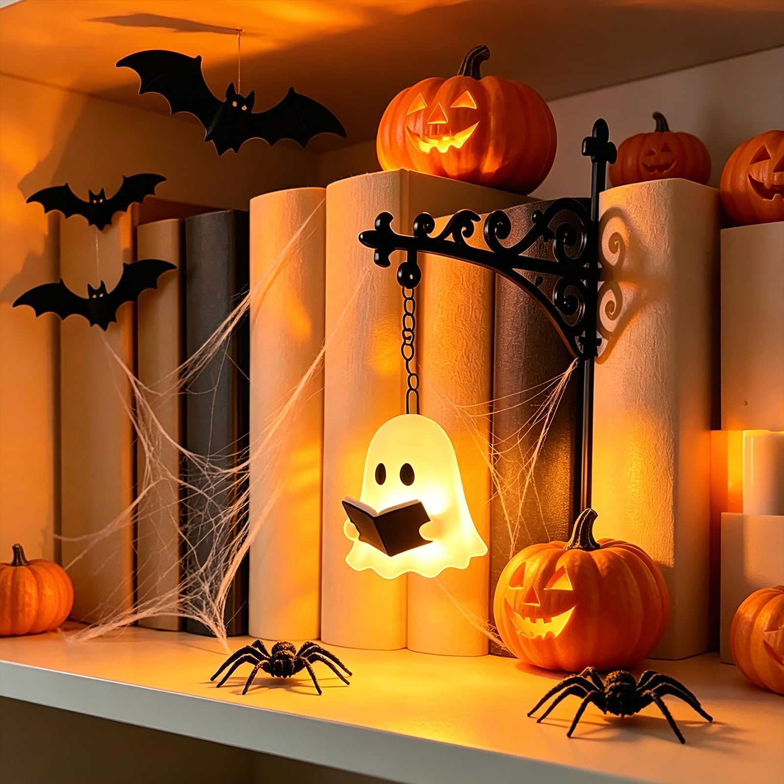 Bookshelf Lantern, Mini Halloween Library Lantern with Warm LED Nightlight, Vintage Decorative Bookshelf Lighting for Study Reading Corner Home Halloween Decoration, Unique Gift for Book Lovers