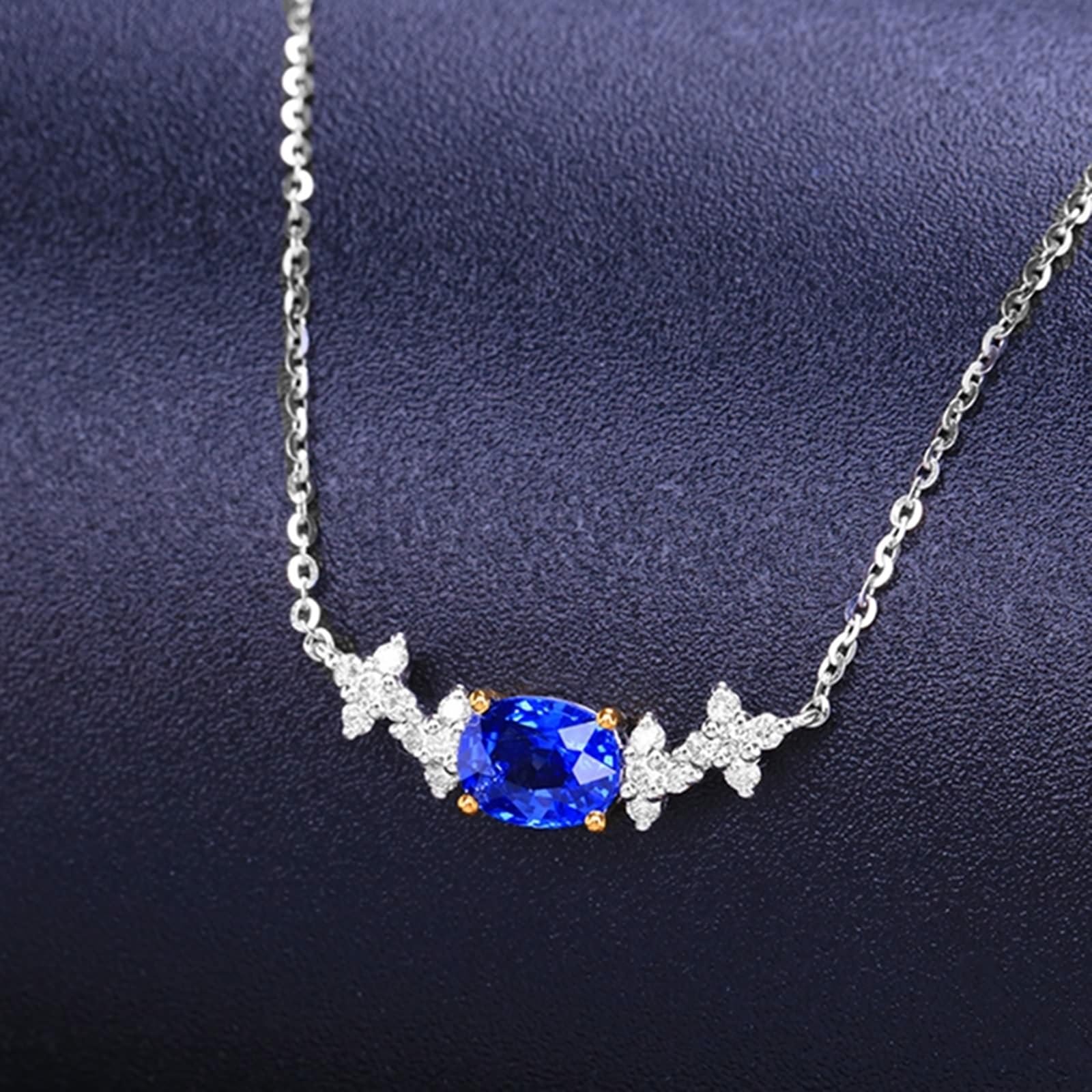 Collane Donna Oro Bianco e Giallo Vera, Collana per Fidanzati Donna con Zaffiro Sintetico 1.1 Carati e Diamante Sintetico, Gioielli con Pietra del Mese di Nascita