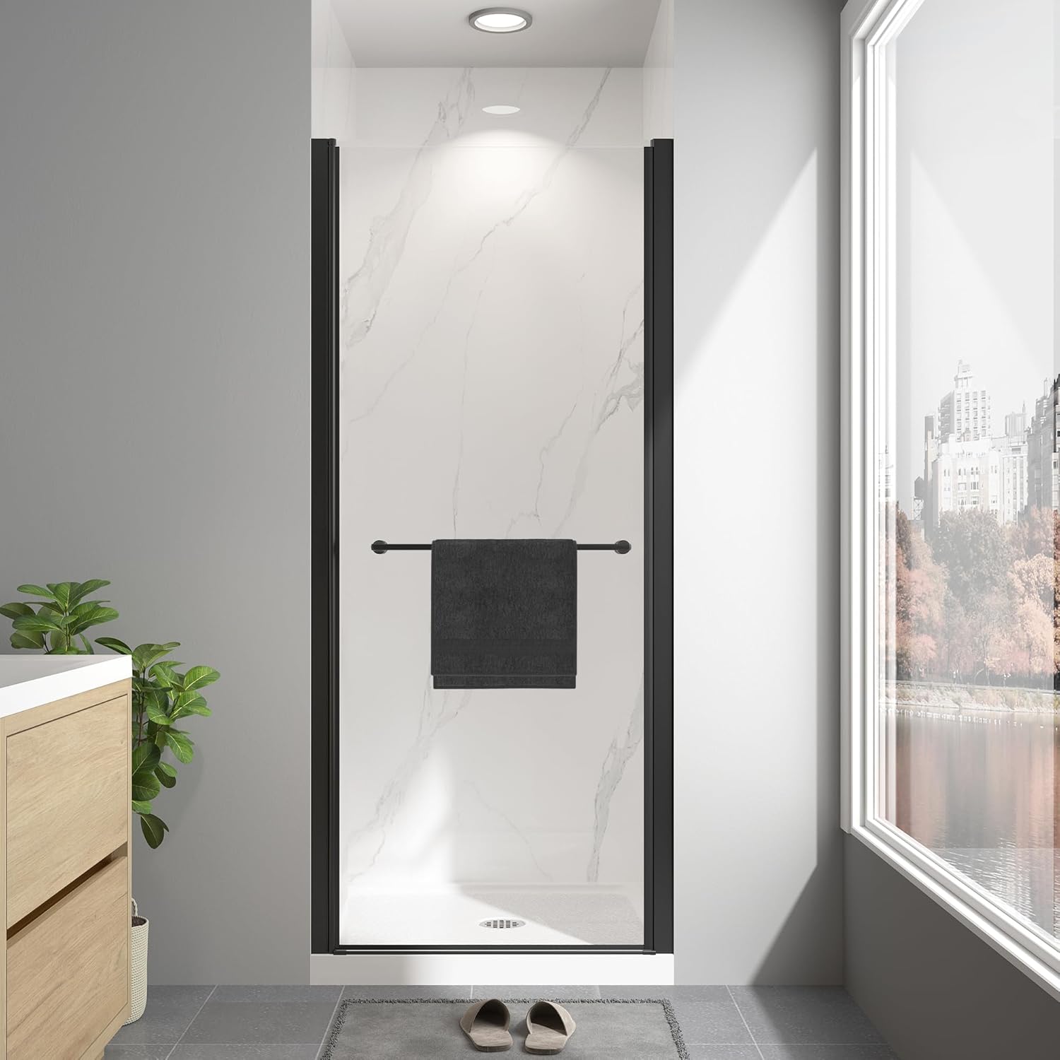 frameless pivot shower door 30-32 matte black front view