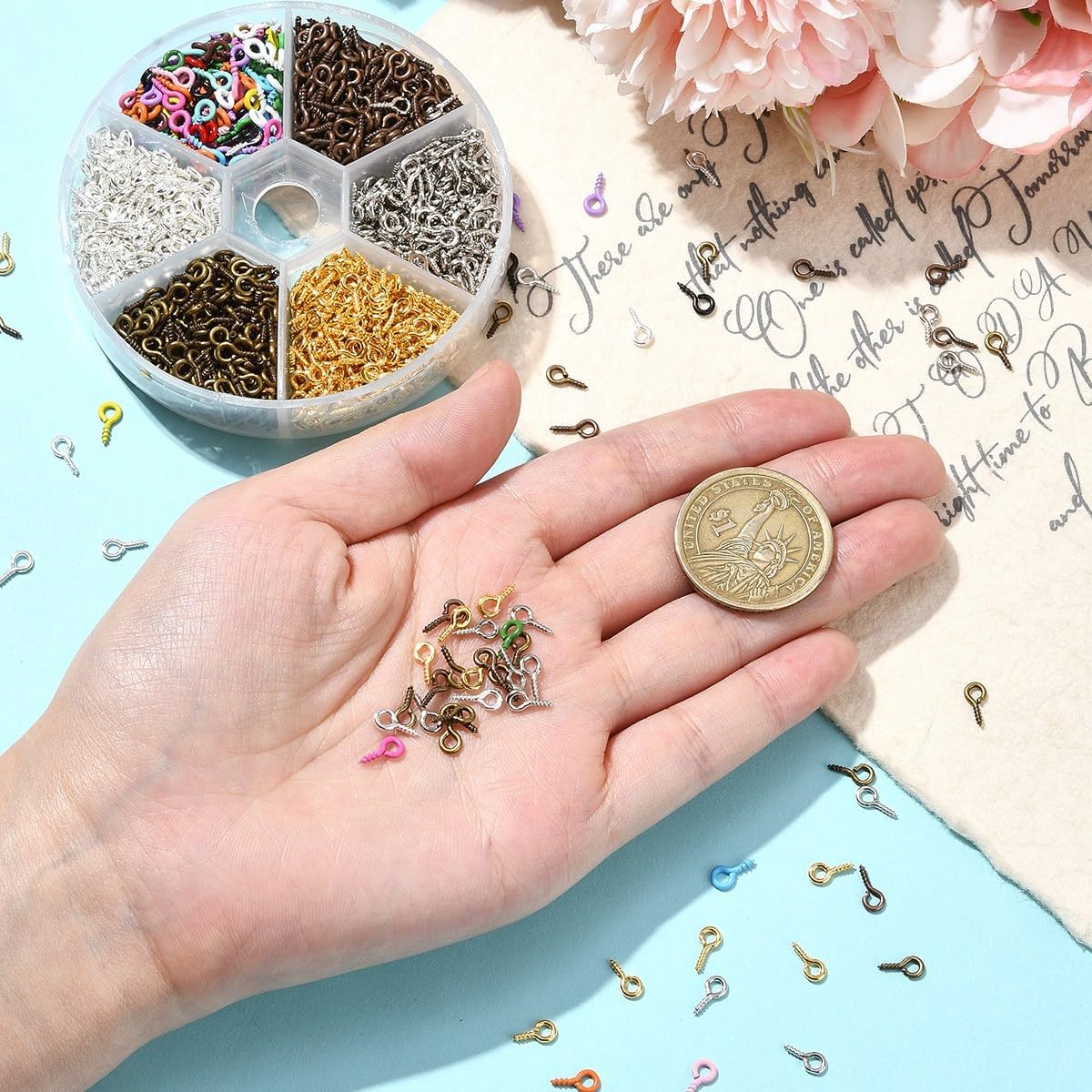Iron Screw Eye Pins (1800Pcs, 6 Colors) – 8x4x1mm Small Eyelet Hooks for Half-Drilled Beads, Jewelry Making, DIY Pendants – 300Pcs/Color, 2mm Hole, Mixed Color Peg Bails