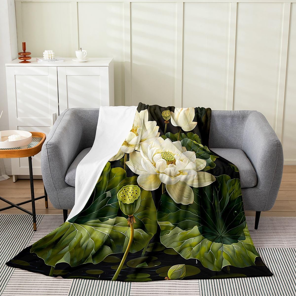 Lotus Water Lily Flannel Blanket Chic Elegant Lotus Flower Fuzzy Plush Throw Green Leaves White Floral Fleece Blanket for Kids Boys Girls,Garden Pond Floral Decor Couch Baby 30"x40"