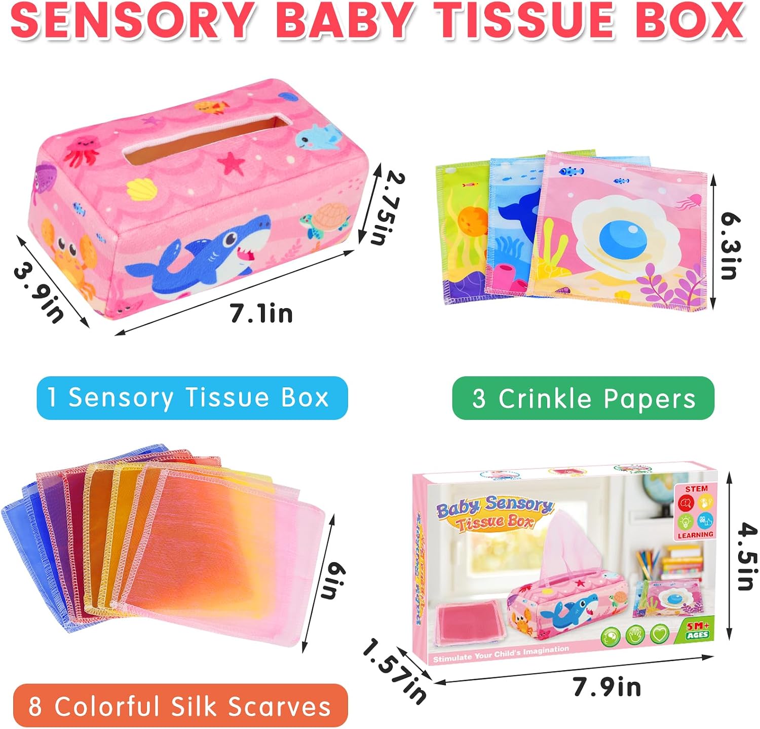 Baby Tissue Box Toy – Baby Girl Toys Montessori Toys for Babies 6-12 Months – Soft Stuffed High Contrast Crinkle Infant Sensory Toy 6 7 8 9 10 11 12 Months Old Gifts Pink