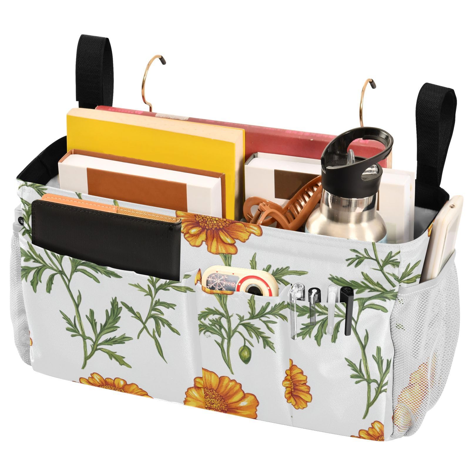 FRODOTGV Nature Marigold White Bedside Storage Caddy Bag Hanging Organizer Bags with Big Pockets And Bottle Holder for Glasses, Books, Mobile Phones, Keys