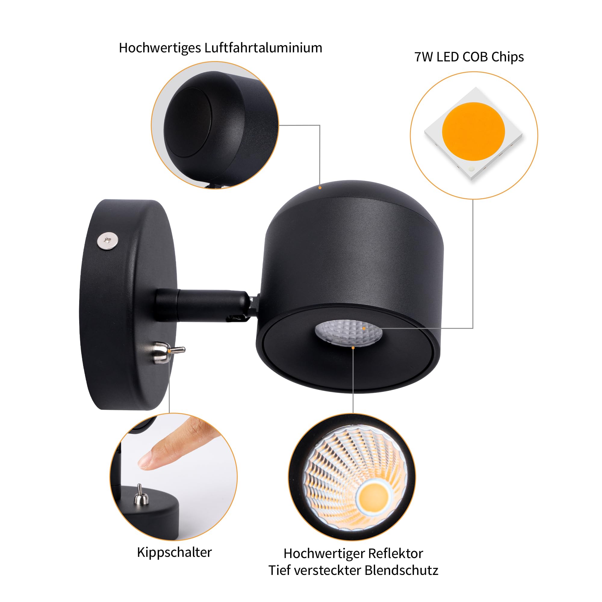 Aisilan LED Wandlampe Innen mit Schalter, Schwenkbar 350°/90° Wandleuchte Schwarz aus Aluminium, 3000K Warmweiß 7W, COB LED CRI97 ohne Flimmern, Wandstrahler für Schlafzimmer Flur