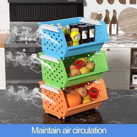 4 Packs Colorful Plastic Storage Basket Stackable, Stacking Storage Baskets Open Front, Kitchen & Pantry Organization Bins for Produce, Office Supplies