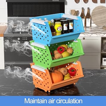 4 Packs Colorful Plastic Storage Basket Stackable, Stacking Storage Baskets Open Front, Kitchen & Pantry Organization Bins for Produce, Office Supplies