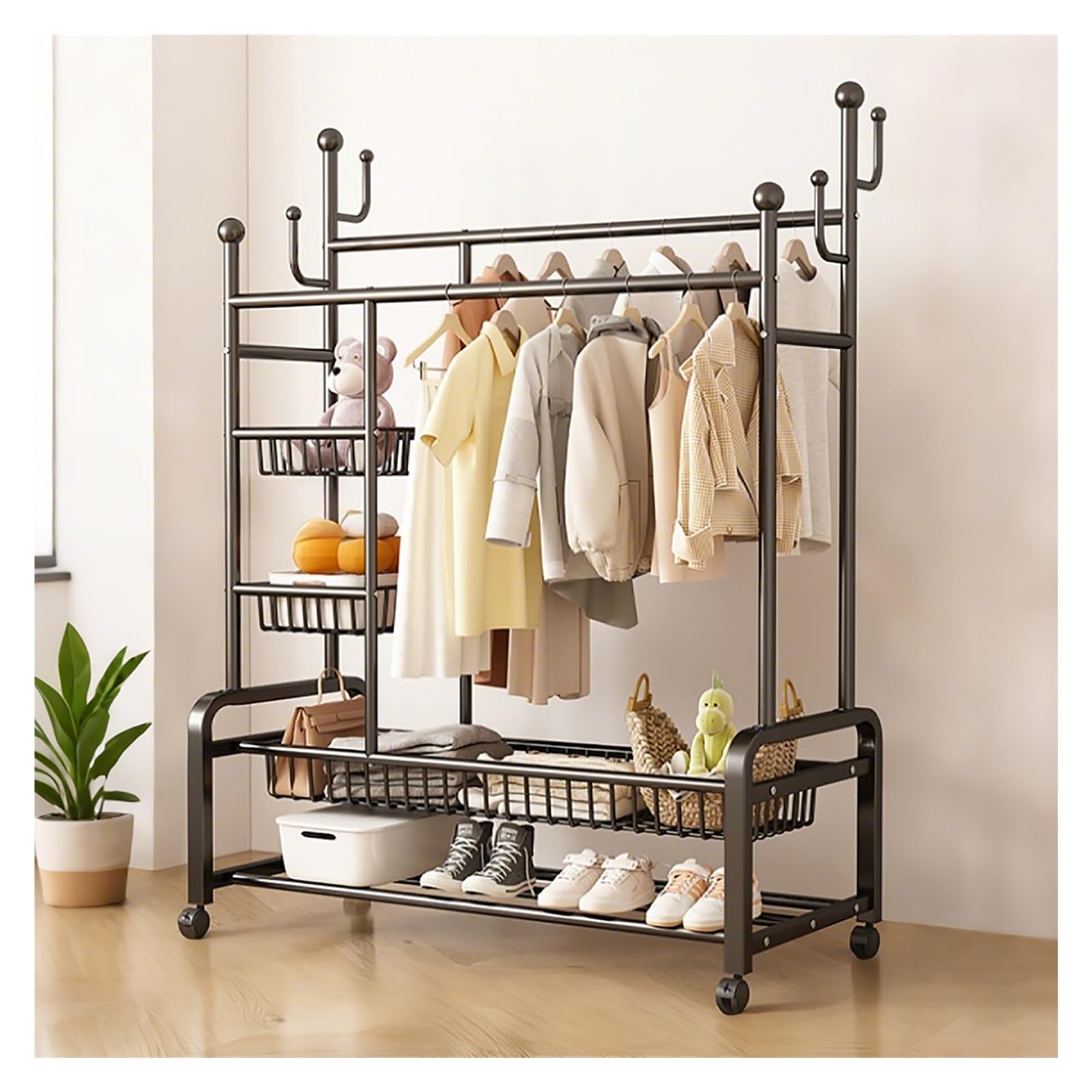 Lshtshf-ou Clothes Rack With Shelves Clothing Racks For Hanging Garment With Wheels Metal Portable Wardrobe For Bedroom Entry Hall(Black,120cm/47.2in)