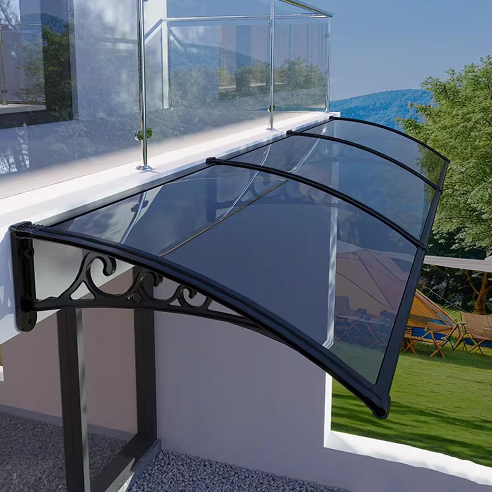 GJMSSMY Curved Door & Window Awning, Polycarbonate Canopy, Acoustic Protection Roof, Outdoor Shelter for Rain & Snow, Black Supports (60x180cm)