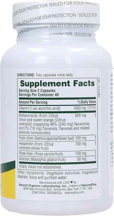 NaturesPlus Super C Complex - 90 Capsules - 1000 mg Vitamin C + 500 mg Bioflavonoids - Vegetarian, Gluten Free - 45 Servings
