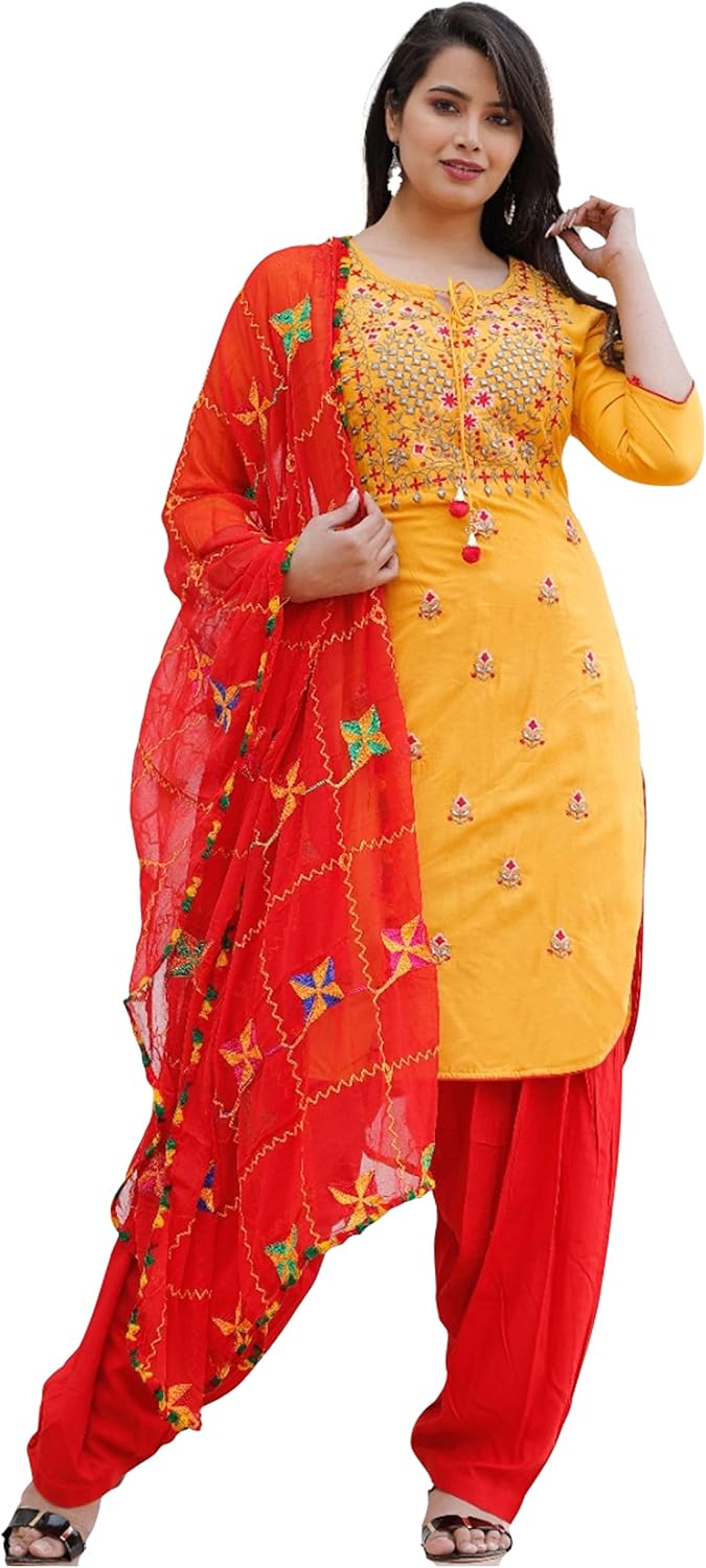 INDACORIFY Rayon Kurti with Patiala Pant and Dupatta for Girls & Women Festive Party Office Wear Salwar Kameez (as1, numeric, numeric_38, numeric_44, regular, regular, Yellow, Large(40))