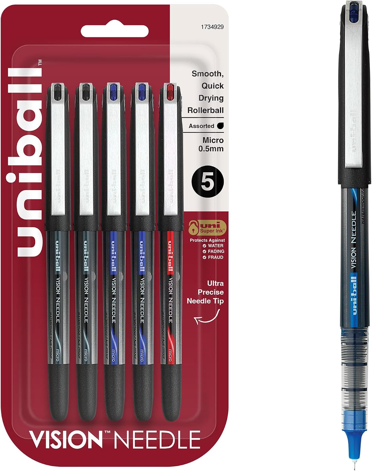 uniball Vision Needle Rollerball Pens, Fine Point (0.7mm), Black, 12 Pack