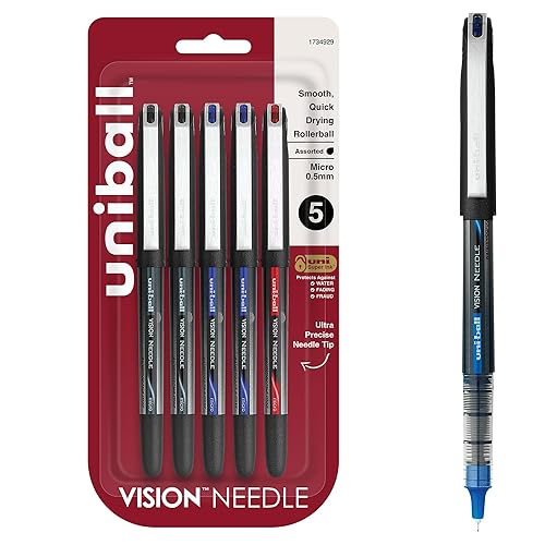 Uni-Ball Vision Needle Rollerball Pens, Assorted Pens Pack of 5, Micro Point Pens with 0.5mm Ink