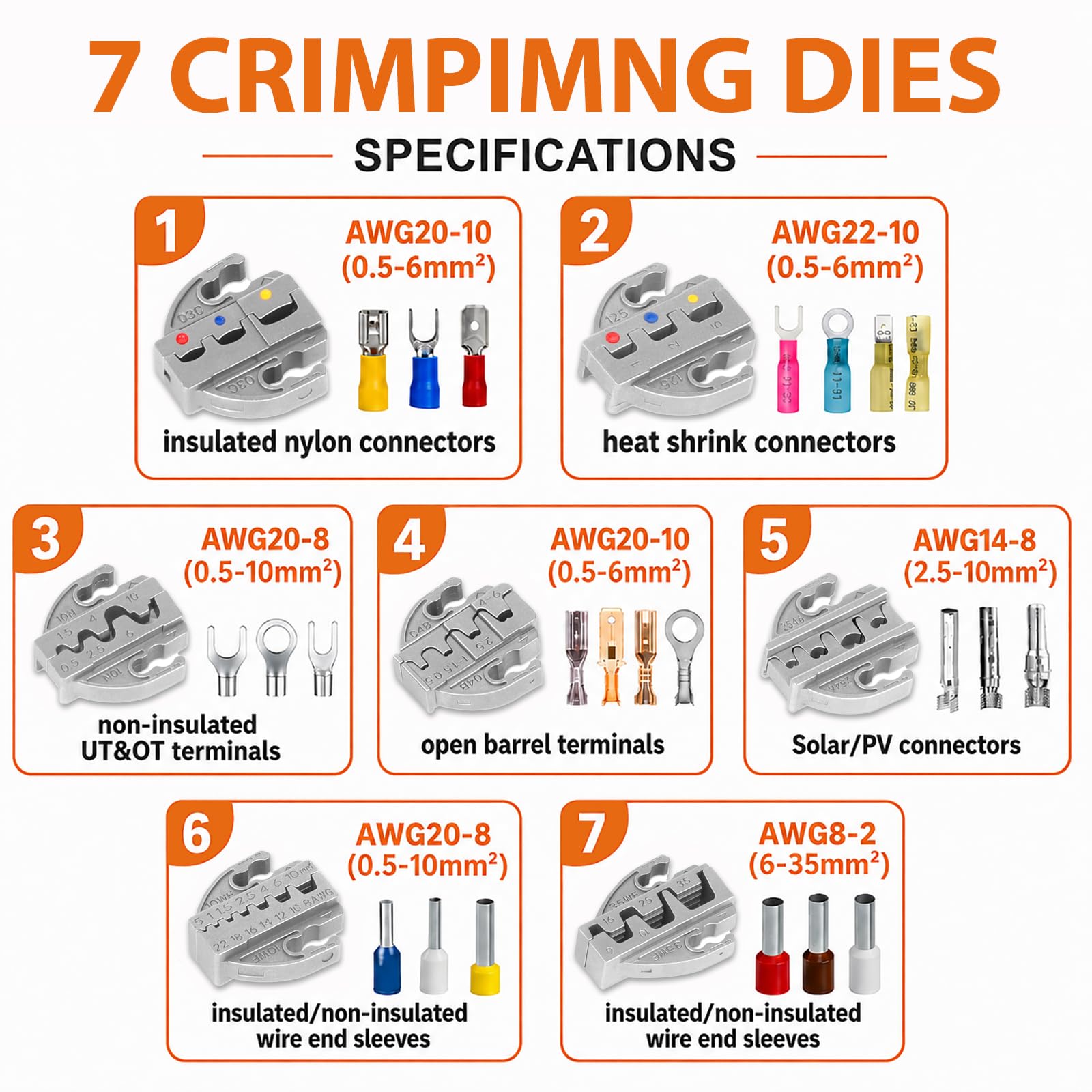 KF CPTEC Juego de 9 Piezas Crimpadora -Alicates con mordazas cambiables para engarzar para Cables Eléctricos,termorretráctiles,no aislados,de nylon,conector solares,terminales Férula,dupont