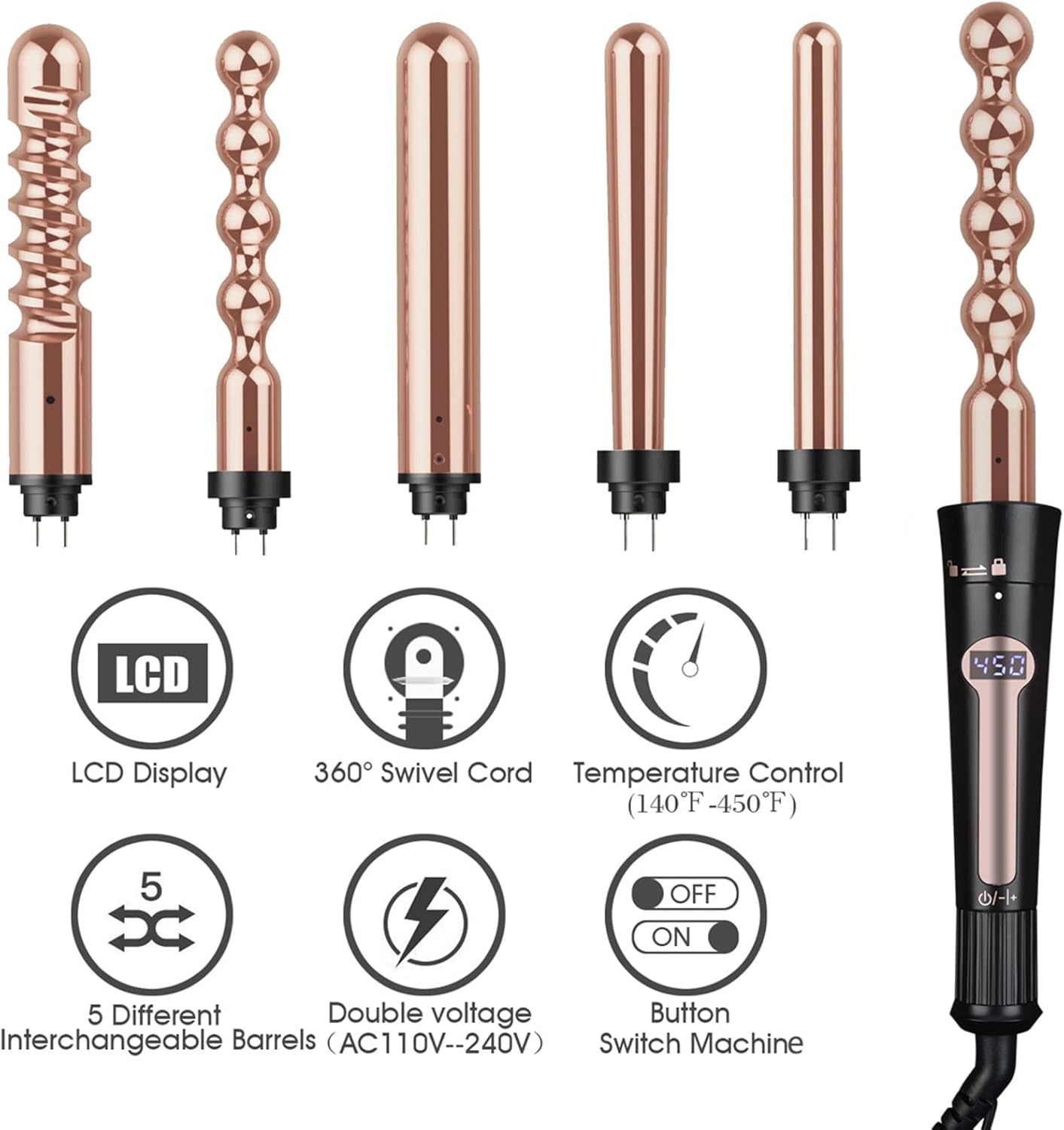 Curling Iron, Curling Wand Set, 24k Gold Instant Heat Up Hair Curler with Interchangeable Tourmaline Ceramic Barrels, Adjustable Temperature (Pink, Curling Iron (0.75" -1.25"))