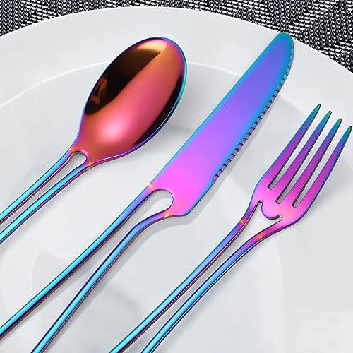 Miniatura 5 de AHOUSEWARE Iridescent Silverware Hollow Design 20 Piece Stainless Steel Flatware Set of 4 include Forks Spoons Knives Rainbow Utensils Color for