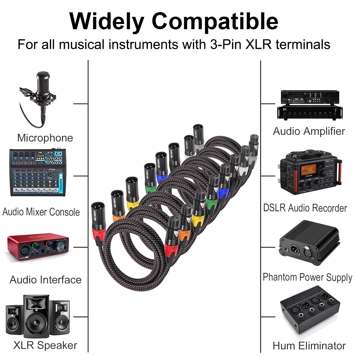XLR-Mikrofonkabel, 3 m, 8 Packungen, 3-polig, XLR-Stecker auf Buchse | 22 AWG; 8-farbcodiert; ausgewogen; Rauschunterdrückung Premium für Mikrofon, Heimstudio-Aufnahmen, DJ; abgeschirmt