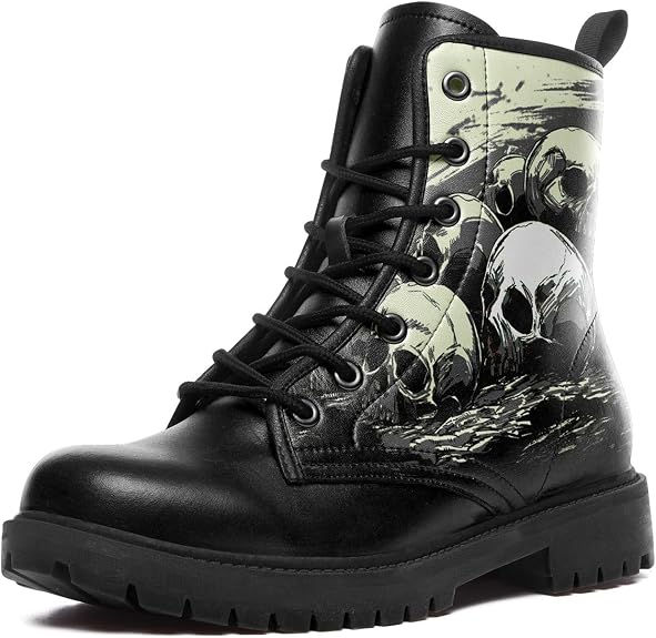 Custom Black Combat Boots for Women Fashion Lace-Up Skull Rose Ankle Booties Chunky Heel Platform Leather Boots