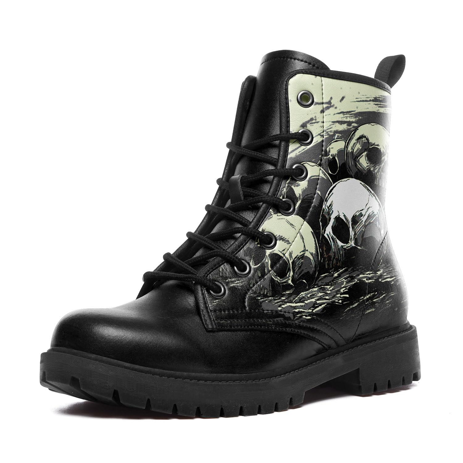 Custom Black Combat Boots for Women Fashion Lace-Up Skull Rose Ankle Booties Chunky Heel Platform Leather Boots