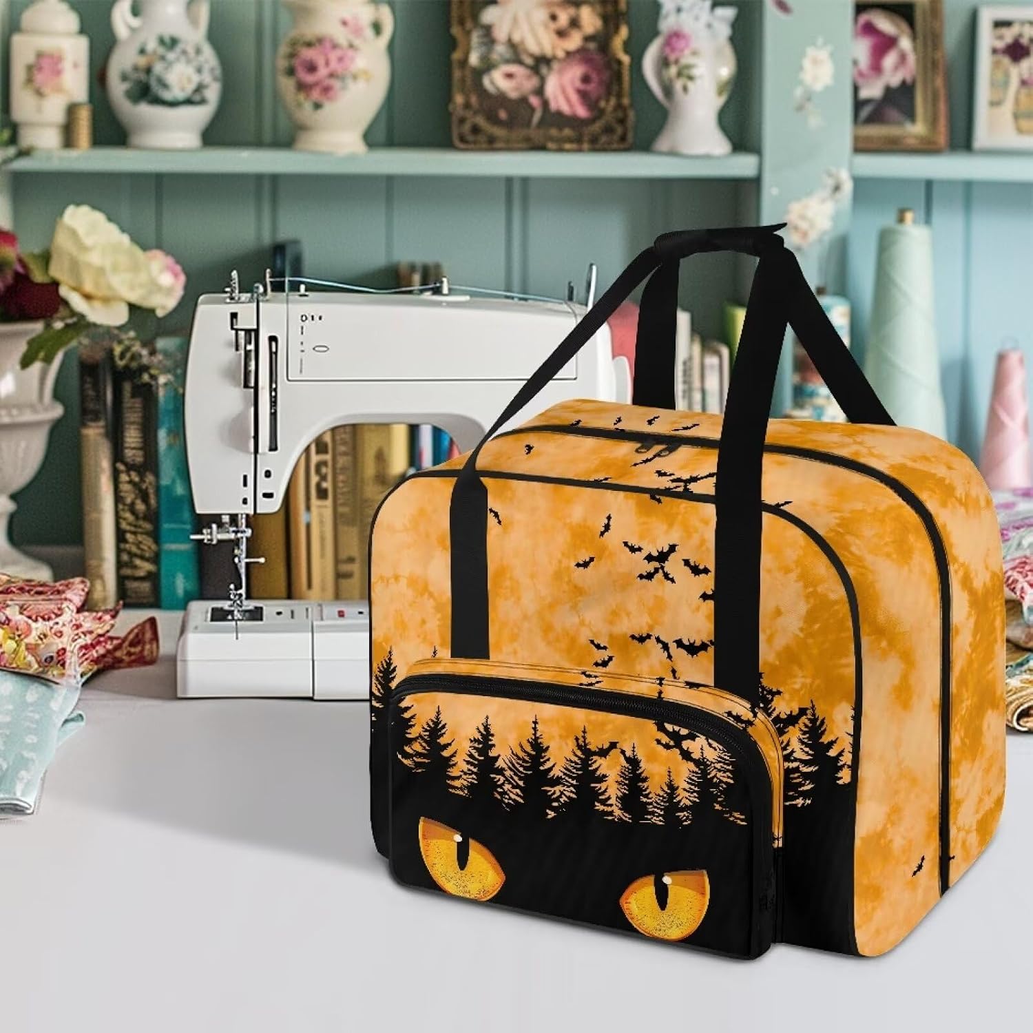 Halloween Bat Sewing Machine Carrying Case Portable Padded Sewing Machine Storage Bag Dust Cover with Pockets for Standard Sewing Machine (Bag Only)