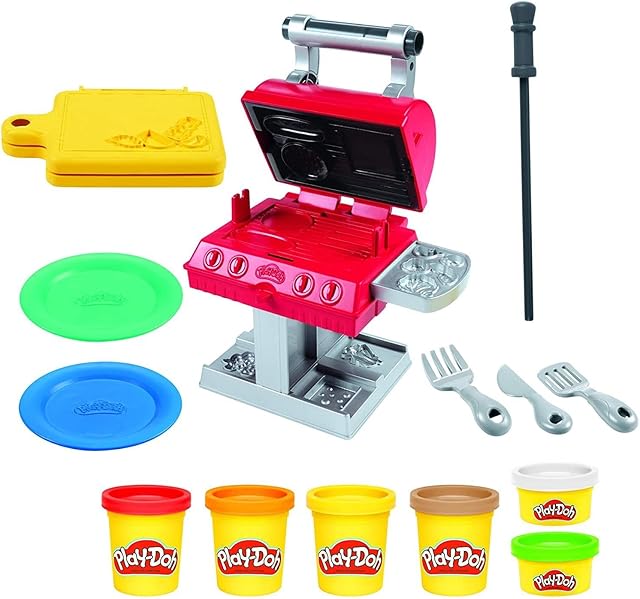 Play-Doh Wielkie Grillowanie, 6 tub z nietoksyczną masą plastyczną w różnych kolorach i 7 zabawkowych dodatków do grillowania, dla dzieci w wieku od 3 lat
