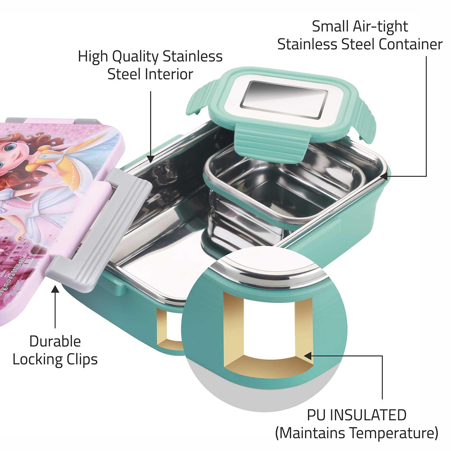 Signora Ware Nugget Printed Stainless Steel Lunch Box | Airtight & Leakproof | Maintain Crispness & Freshness | Ideal for School Kids | Great for Picnic & Outdoor Activities (700ml + 130ml | Pink) — Amazon image 2