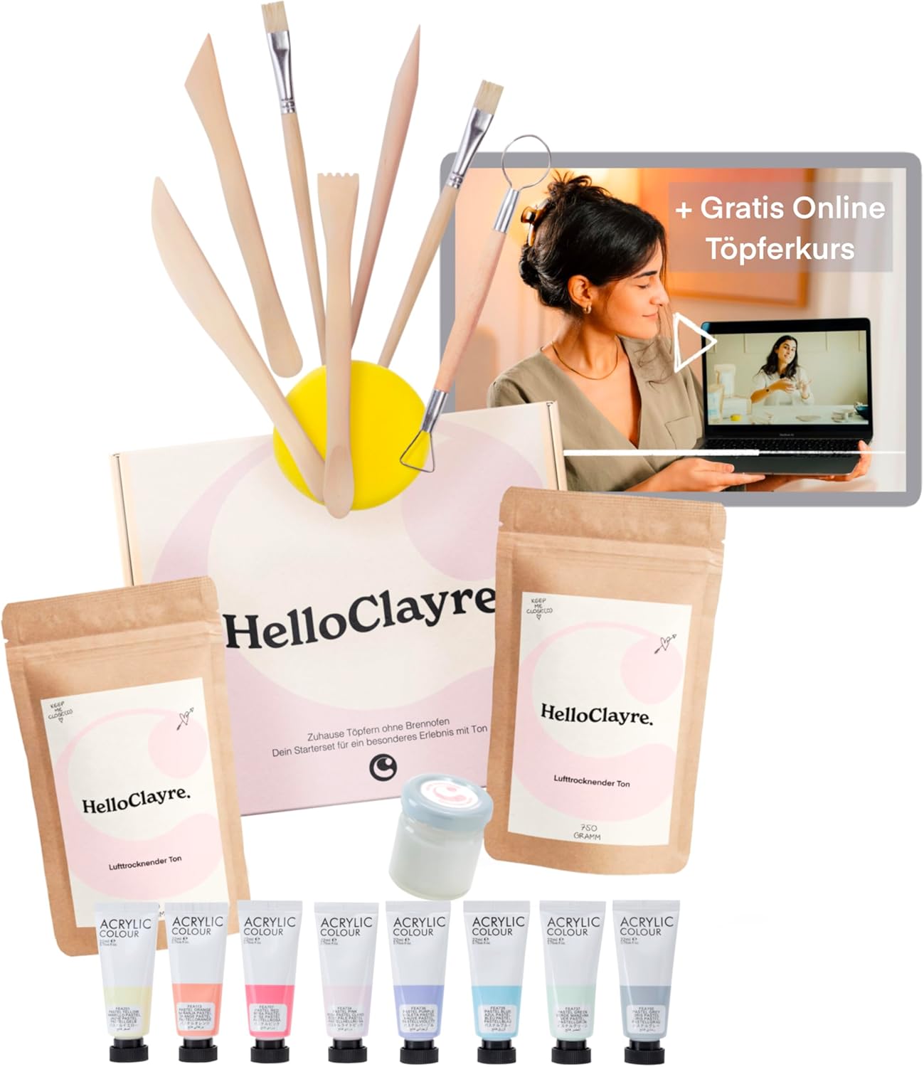 KreaBella Töpferset DIY - Lufttrocknender Ton Ohne Brennen, Komplettes Bastelset