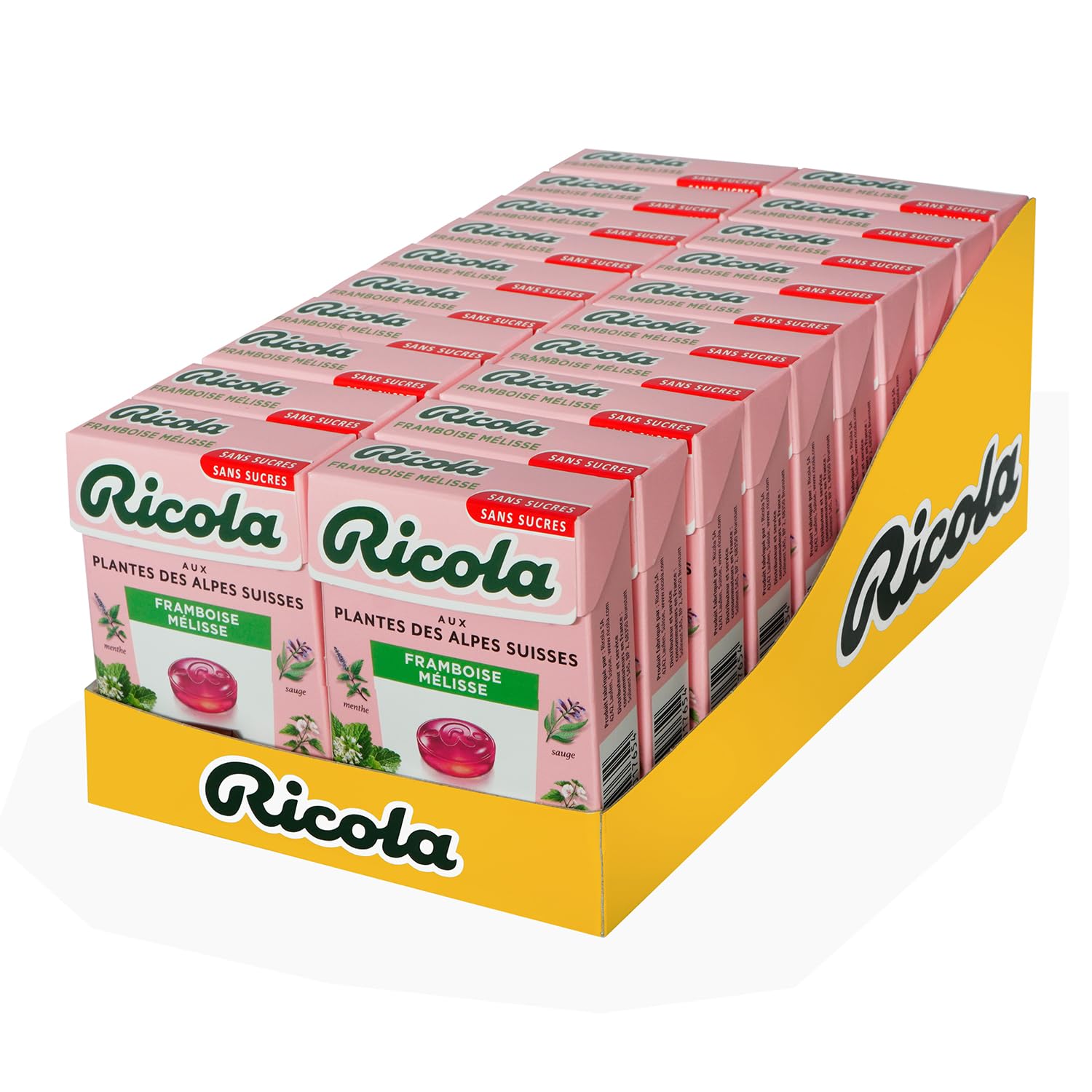 Ricola - 20 paquetes de 50 g - Caramelos con plantas suizas - Frambuesa Melissa - Refrescante - Sin azúcar -