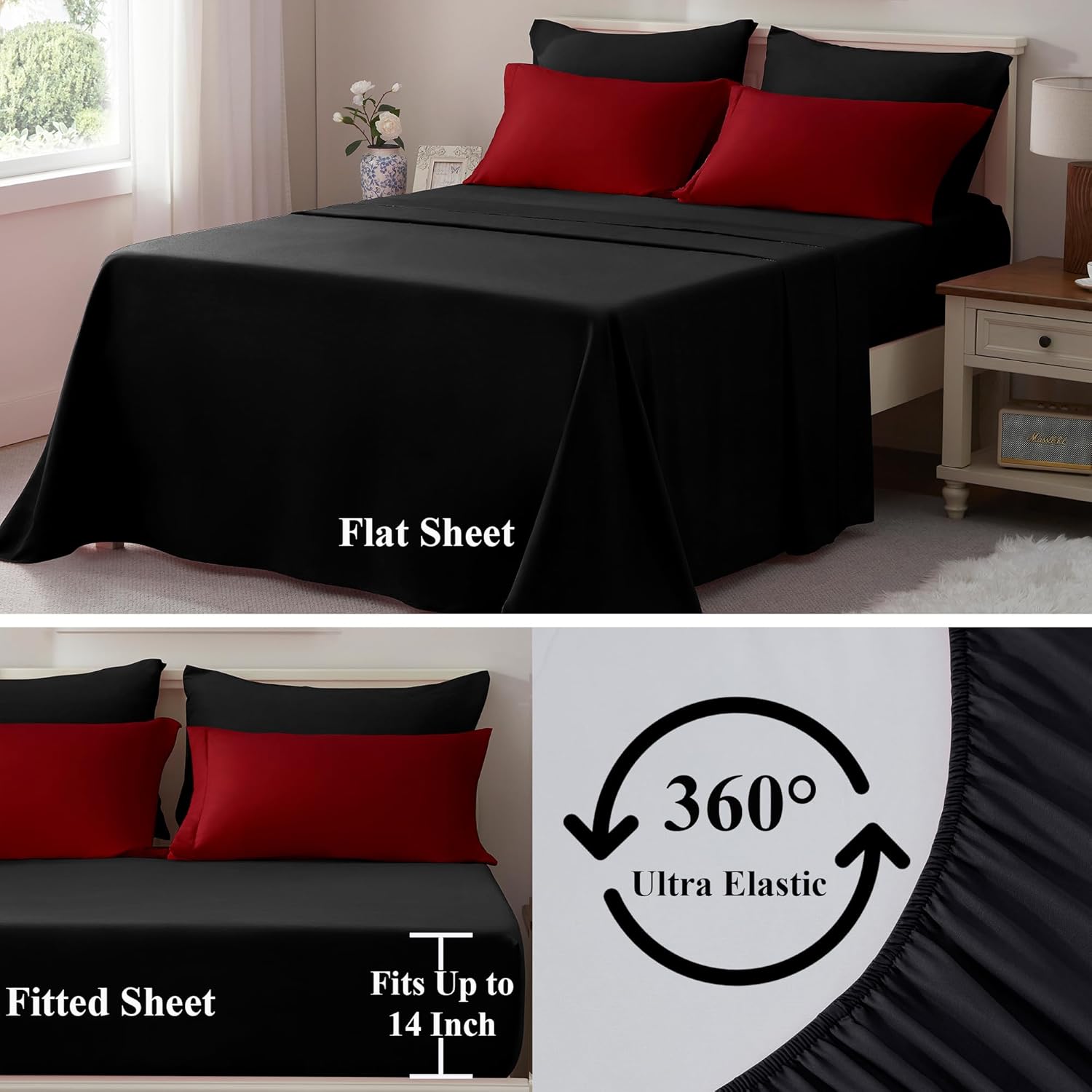 ELNIDO QUEEN® Queen Comforter Set 7 Pieces, Red and Black Bed in a Bag Queen Size, Bed Set All Seasons Bedding Sets with Reversible Comforter, Flat Sheet, Fitted Sheet, Pillowcases and Pillow Shams - Image 5