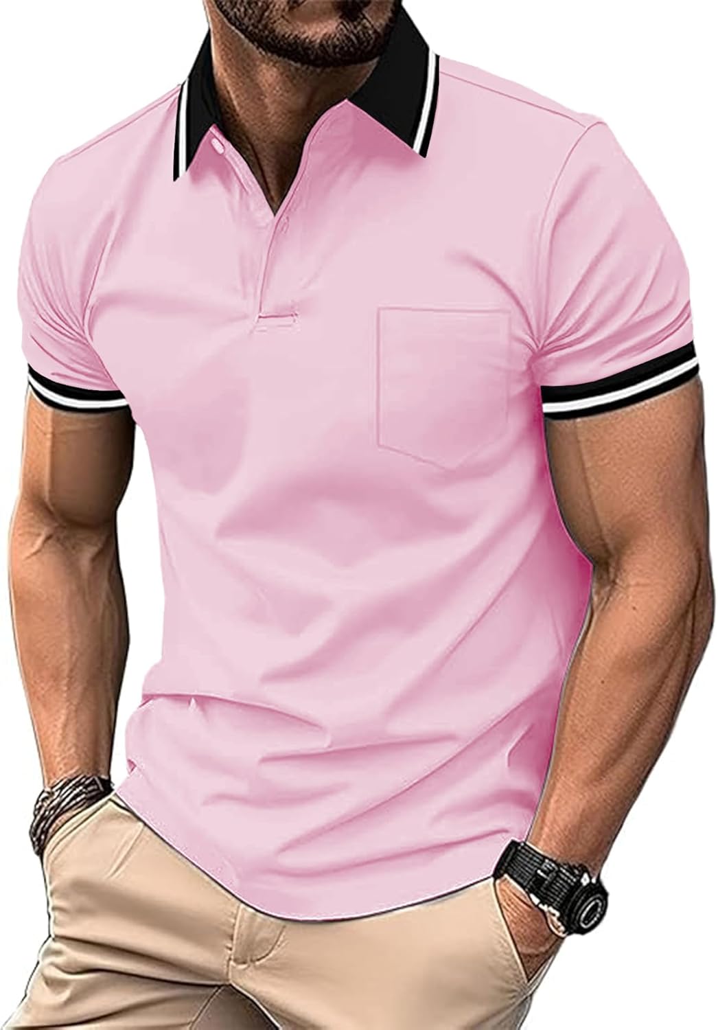 ZITY Mens Polo Shirts Casual Short Sleeve Athletic T-Shirts Classic Contrast Collar Shirt with Pocket