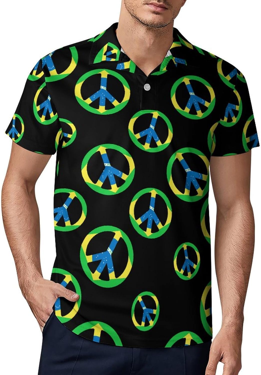 Brail Flag Peace Symbol Men's Button Down Polo Shirts Short Sleeve Golf T Shirt Slim Fit Tee Top