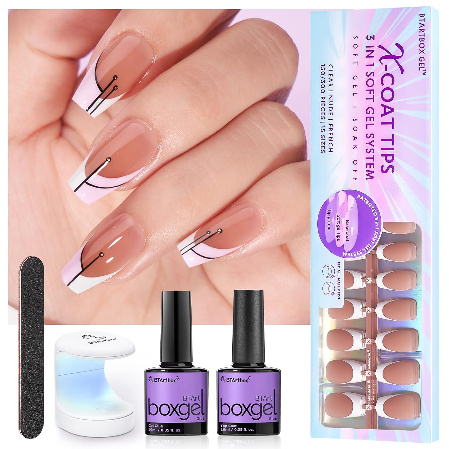 BTArtboxnails Gel Nail Kit 150Pcs Coffin French Tip Press