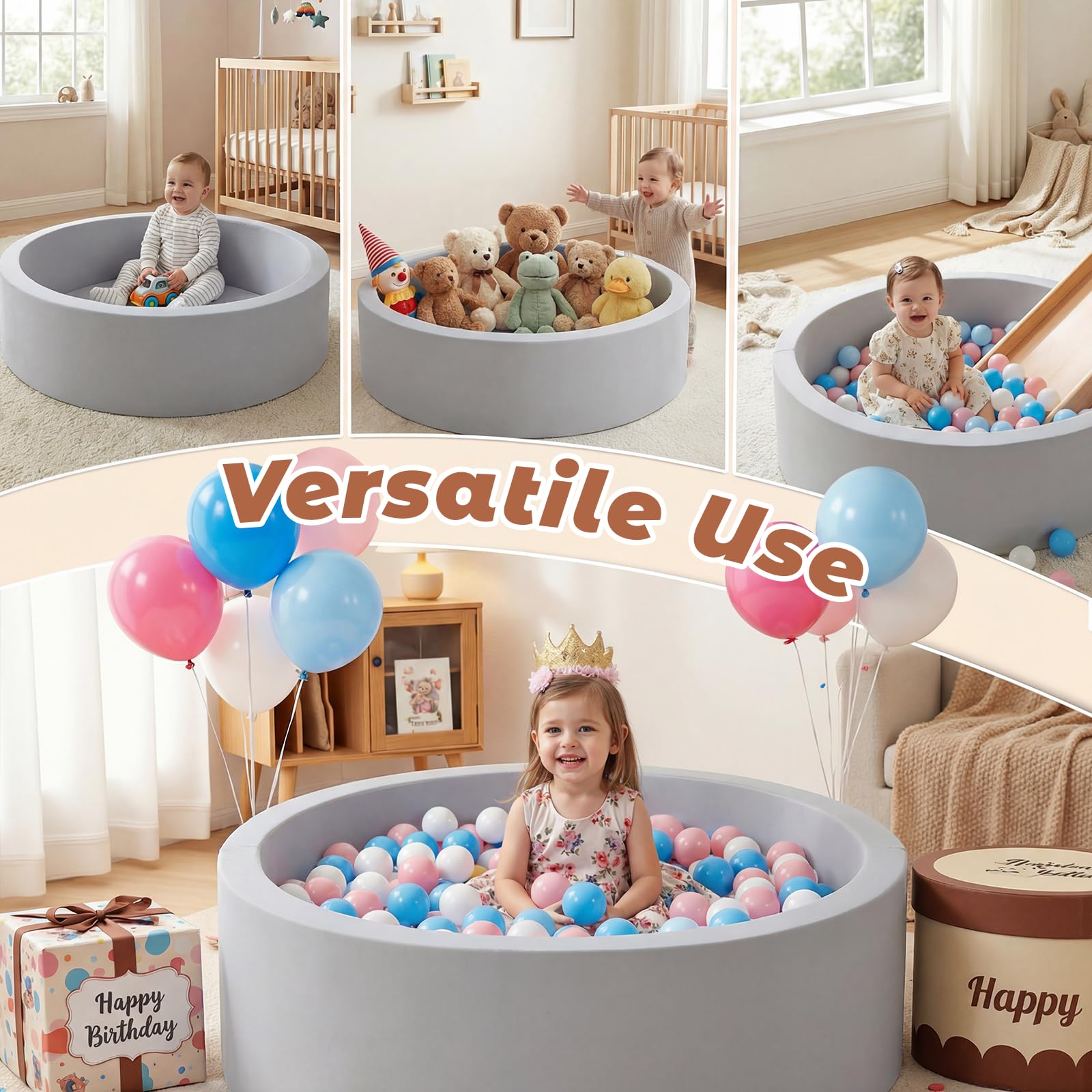 Wilwolfer Bagno per palle per bambini piccoli: piscina pieghevole per bambini – piscina rotonda morbida – morbida schiuma morbida per bambini – morbida schiuma memory foam – interno / esterno (grigio)