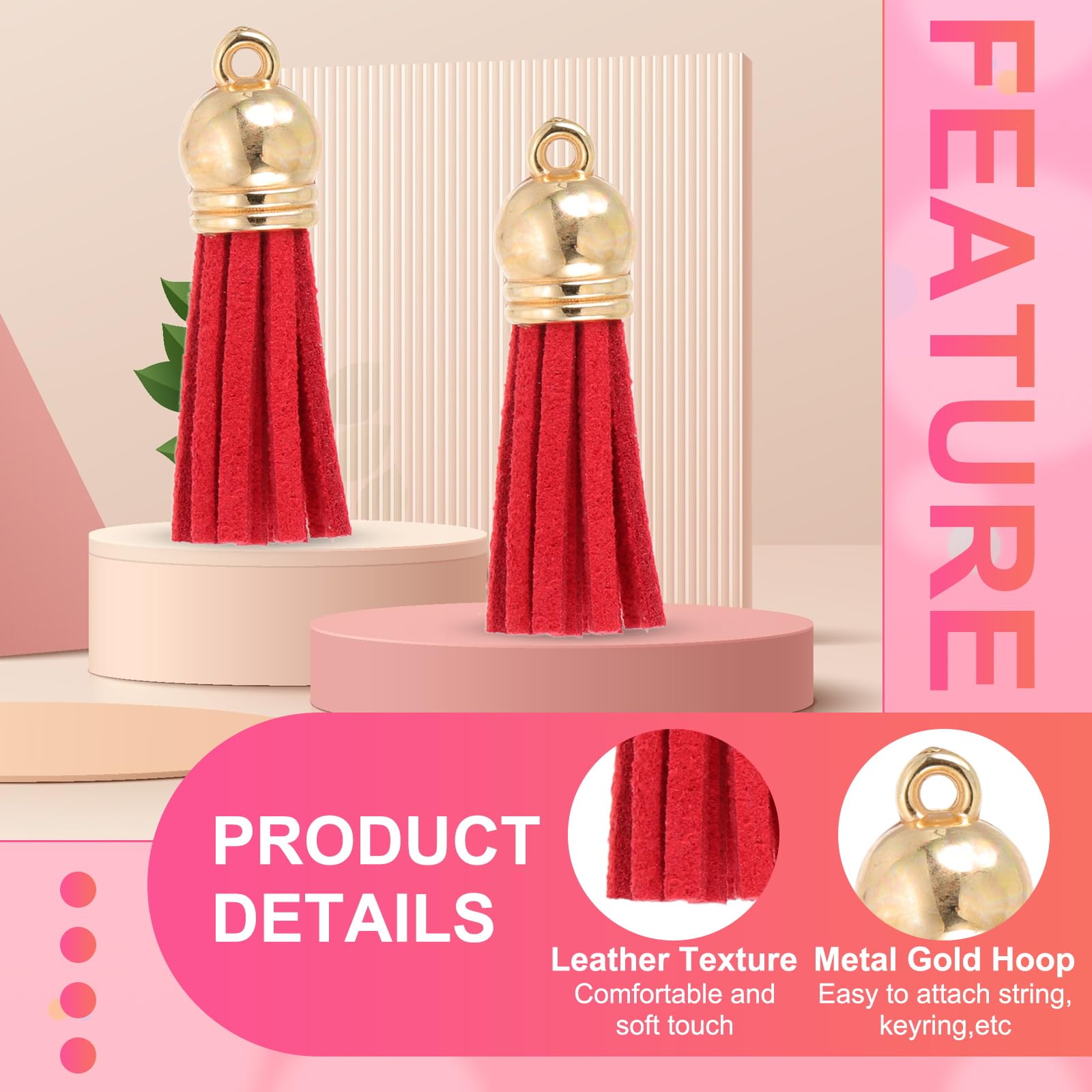 PATIKIL Borlas Cuero 1,5 Pulgadas, 100 Piezas borlas Gamuza sintética, Llavero con Tapa Dorada para Manualidades, decoración, Bolsos, Pulseras, fabricación Joyas, Llavero, Rojo