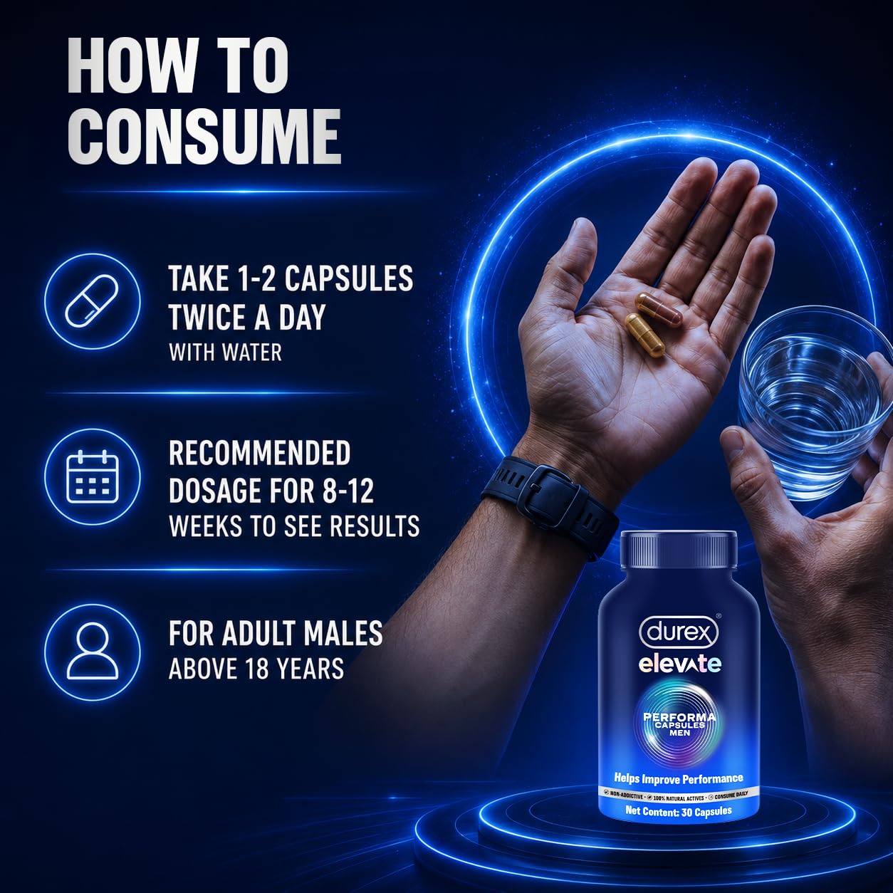Durex Elevate Performa Capsules for Men | Ashwagandha KSM-66 Purified Shilajit & Supplement | Supports Strength & Stamina | 30 Capsules product image 8