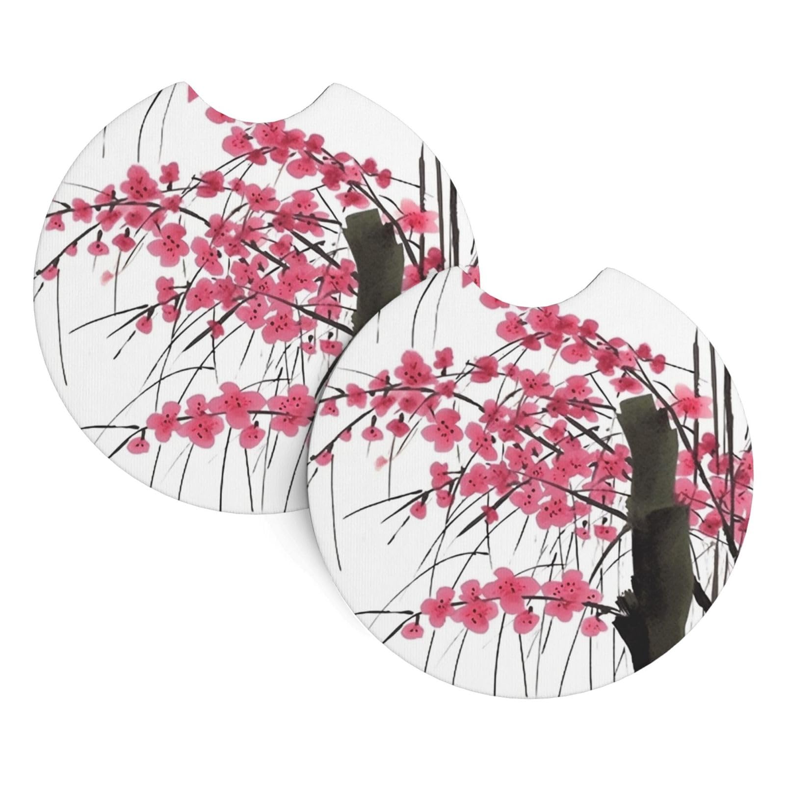 2PCS Car Coaster for Cup Holders Universal Auto Cup Mat Bamboo and Cherry Blossoms Tree Cup Coaster Pad 2.7" Waterproof Neoprene Non-Slip Cup Holder Coasters Car Interior Accessories for Women Men