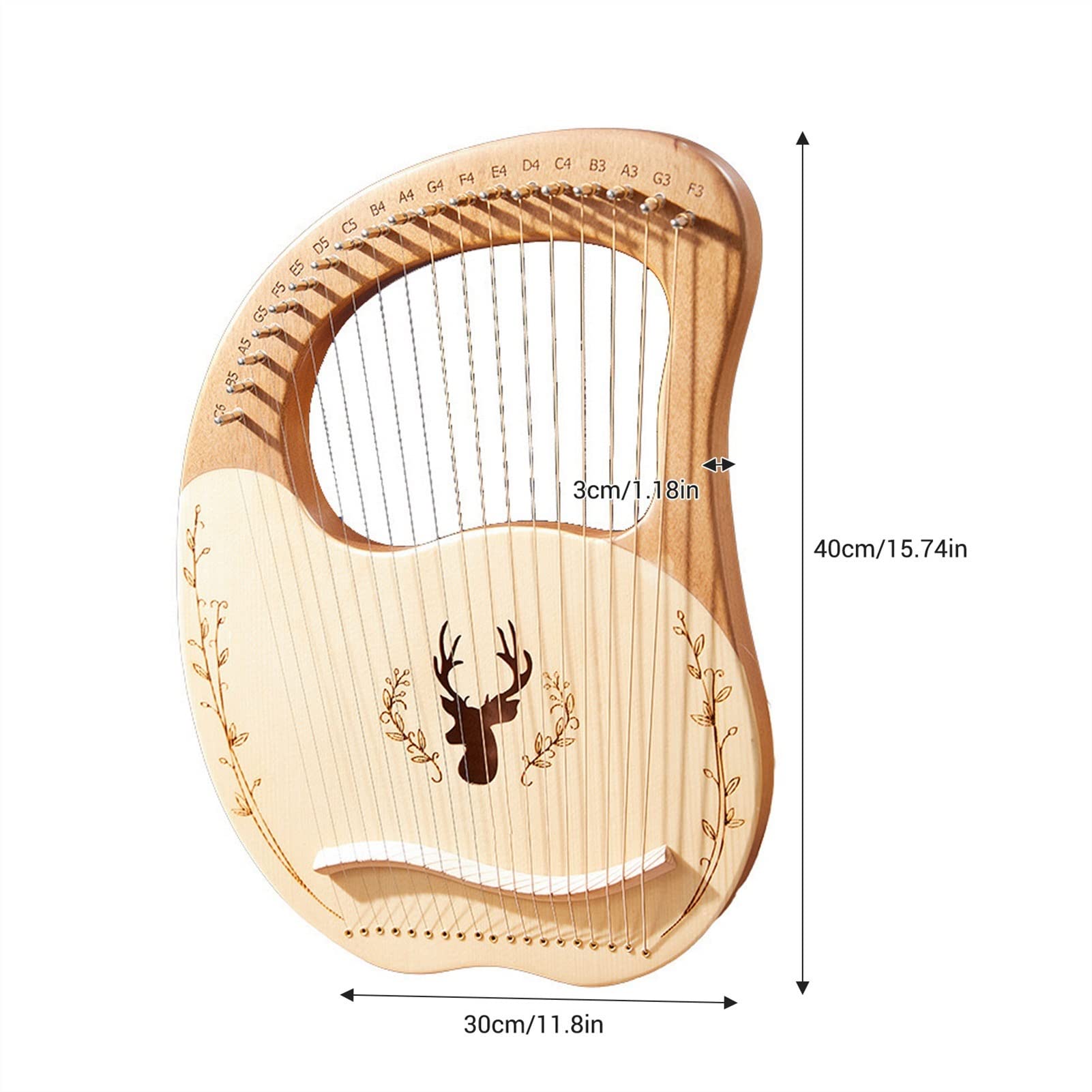 Harfa， 19-strunowa drewniana lira, harfa, pudło rezonansowe, instrument strunowy i klucz do strojenia, instrumenty harfowe