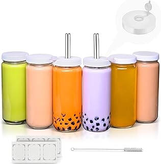Glass Juice Bottles (6 pack 16 oz) Drinking Jars 2 Metal Straws, 4 Airtight Lids, 2 Lids w Holes+Plugs, Smoothie Cups, Tal...