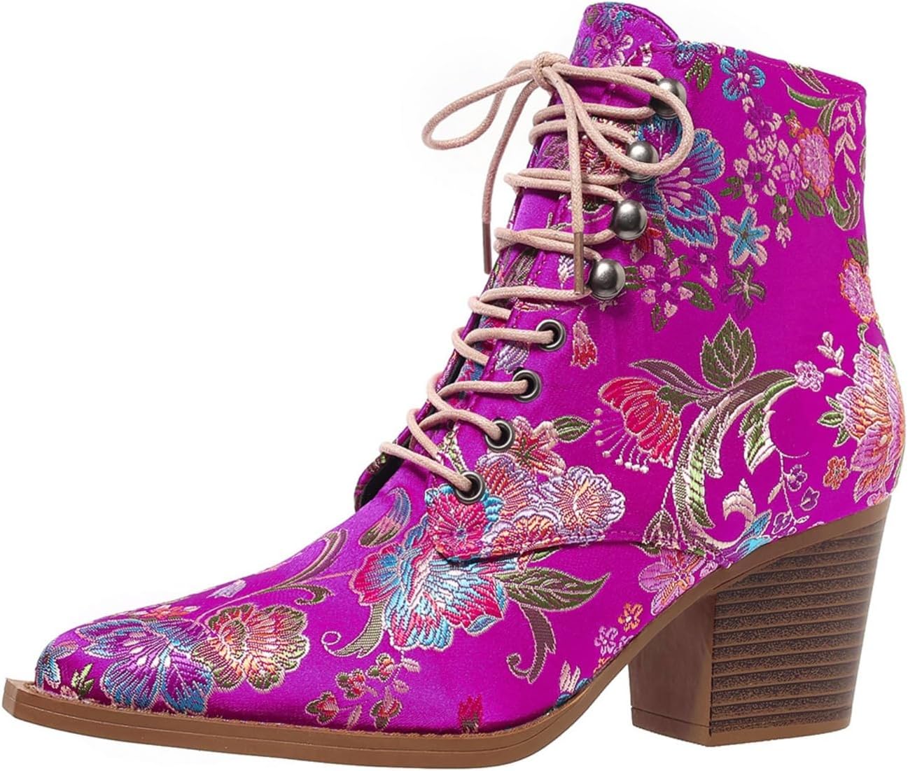 Women's Flowers Flat Ankle Boots Round Toe Lace-Up Cowgirl Shoes Platform Lug Sole Low Heels Outdoor Western Winter Fall Combat Boots
