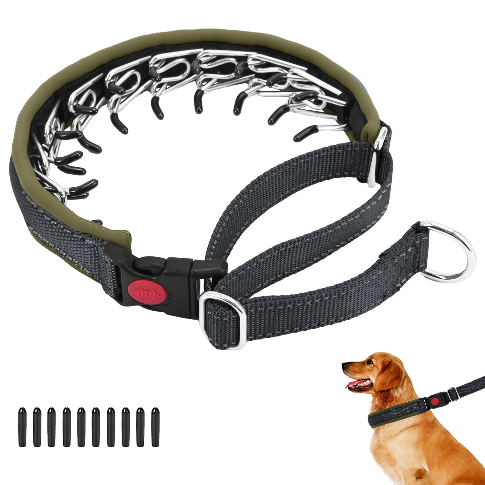 Black and army green martingale no-pull dog collar with steel chain