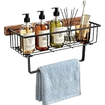 Livabber Hand Towel Holder with Wooden Storage Basket, 9 Inch Rustic Metal Towel Ring/Hand Towel Bar with Shelf, Wall Mounted Farmhouse Bathroom Organizer for Small Decor, Plant Black