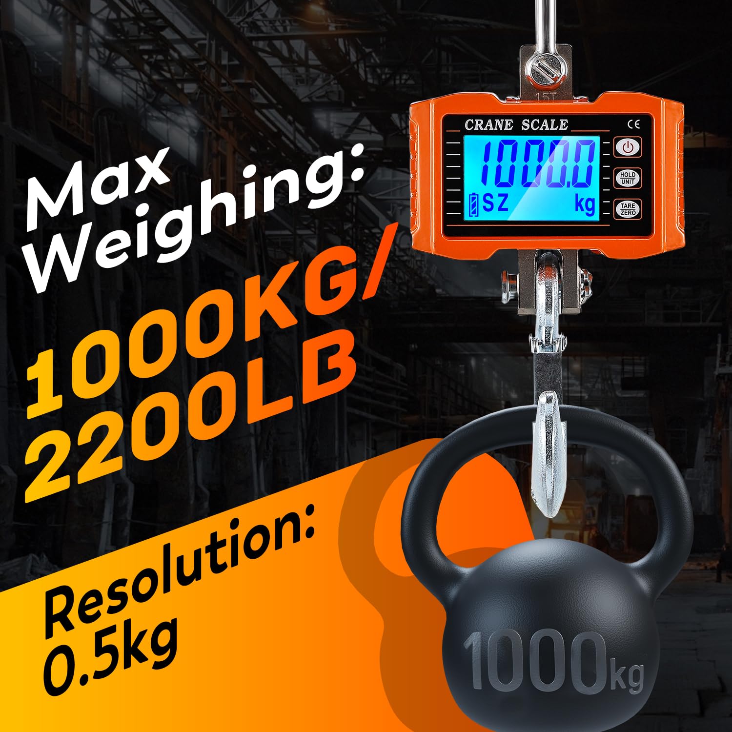 CGOLDENWALL Digitale Kranwaage 1000kg/2200lb, Industrielle Hängewaage mit Umschaltbarem kg/lb/N, LCD-Hintergrundbeleuchtung - Hebezeug-Hakenwaage Ideal für Bauernhöfe, Jagd und Viehzucht
